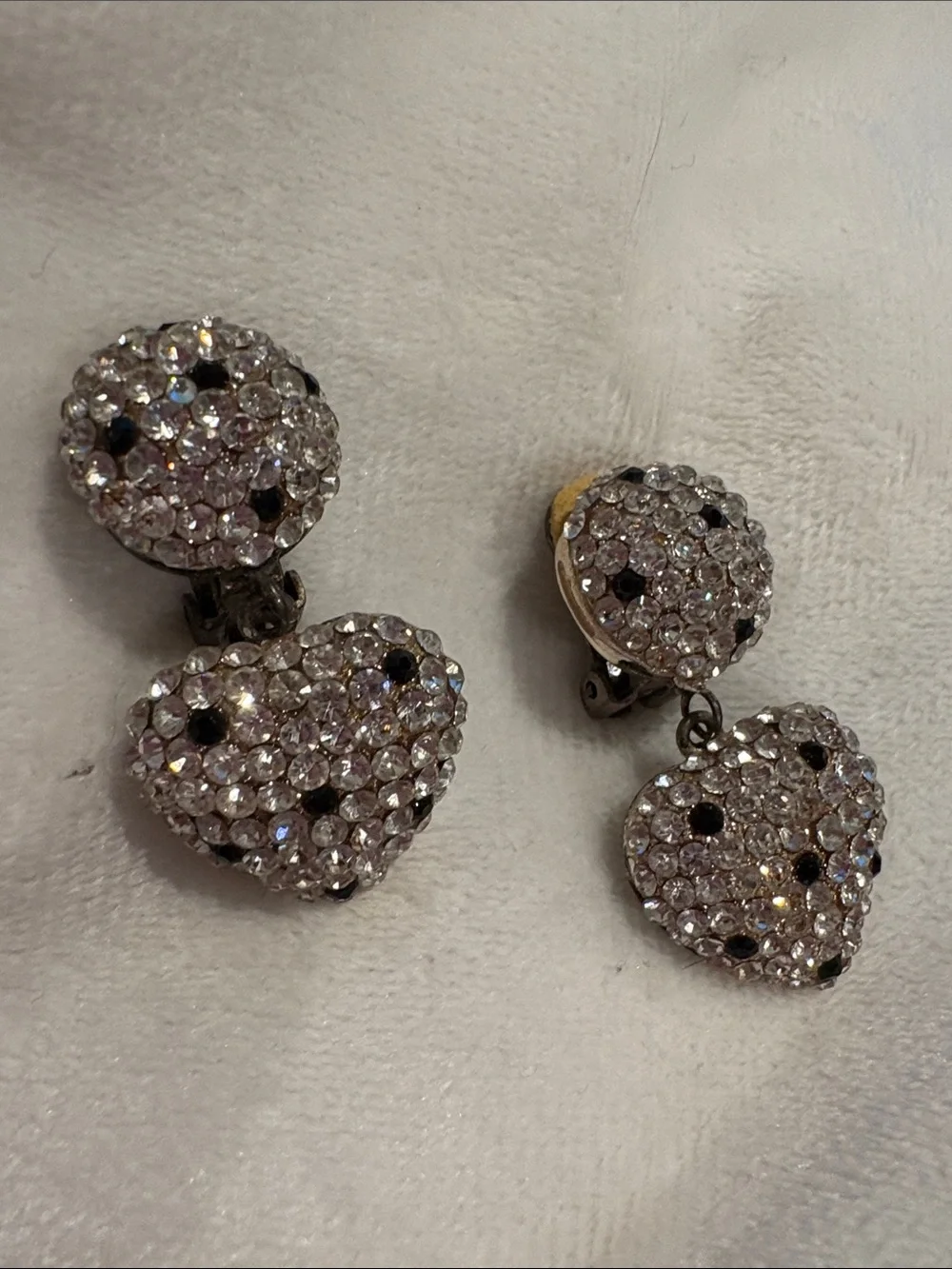 Vintage Black & Clear Drop heart Crystal Earrings New Clip